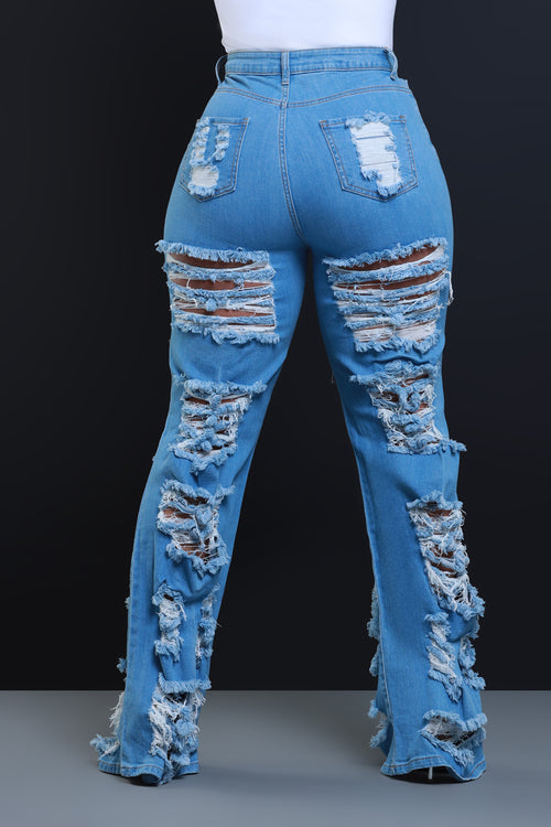 Fashion Ladies High Waist Ripped Pallazo Jean- Sky Blue