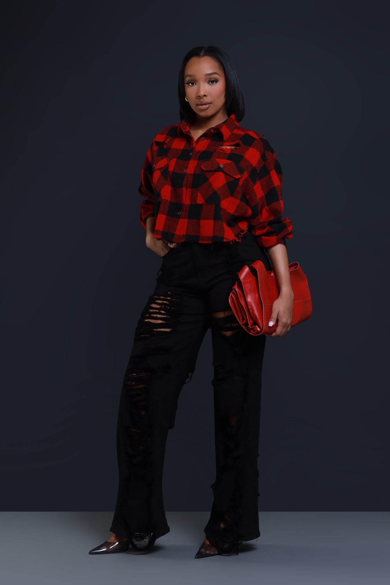 Image of Wish You Were Here Cropped Flannel Button Up - Red/Black