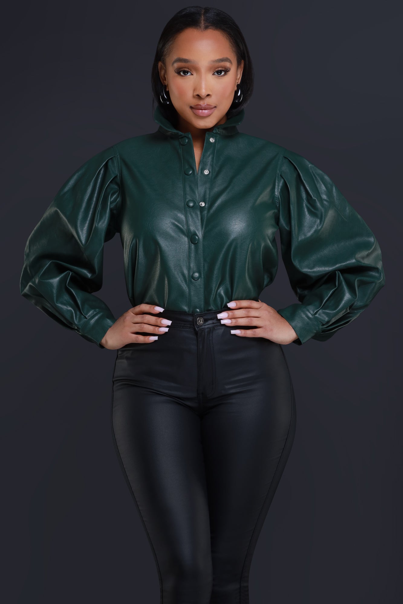 Image of End Scene Faux Leather Blouse - Hunter Green