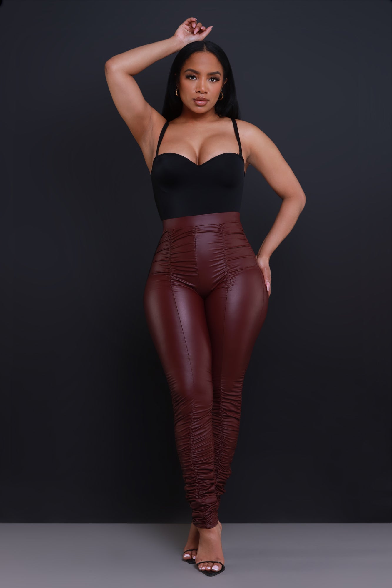 Image of Be Honest Ruched High Waist Pants - Burgundy Faux Leather Leggings