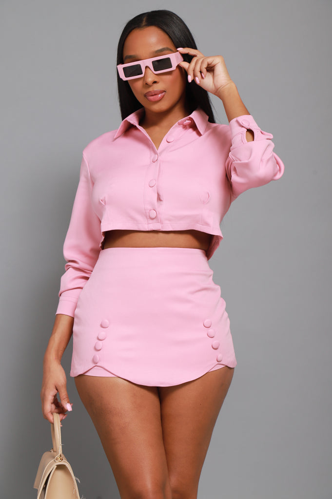 Time Will Tell Button Up Cropped Skirt Set - Pink - grundigemergencyradio