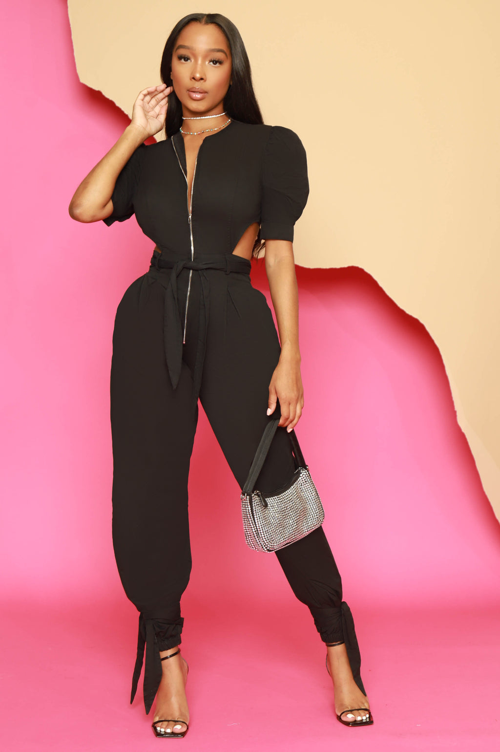 Who Knew Puff Sleeve Open Back Jumpsuit - Black - grundigemergencyradio