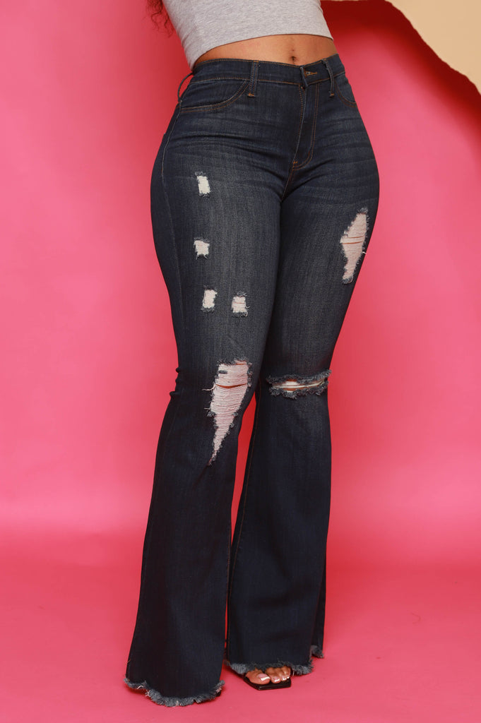 Bout Time Distressed Bell Bottom Jeans - Dark Wash - grundigemergencyradio