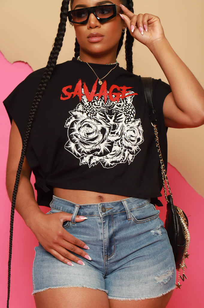 Savage Oversized Graphic Sleeveless Crop Top - Black - grundigemergencyradio