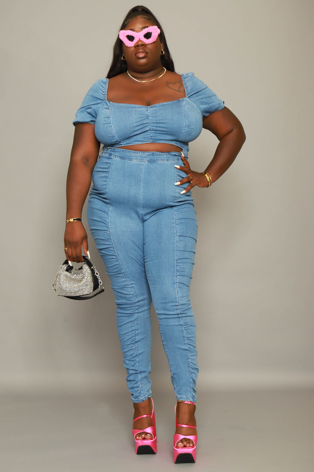 Last Stop Denim Power Sleeve Cut Out Jumpsuit - Medium Wash - grundigemergencyradio