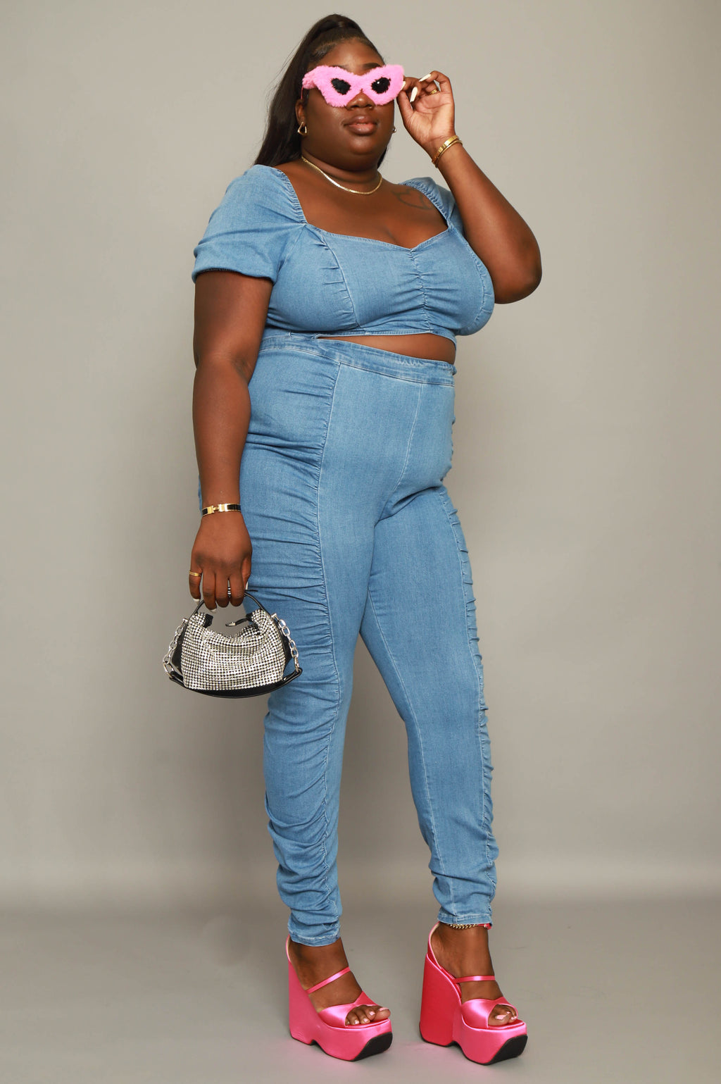 Last Stop Denim Power Sleeve Cut Out Jumpsuit - Medium Wash - grundigemergencyradio