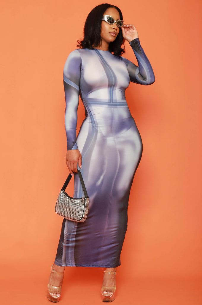 Legacy Graphic Print Maxi Dress - Blue/Grey - grundigemergencyradio