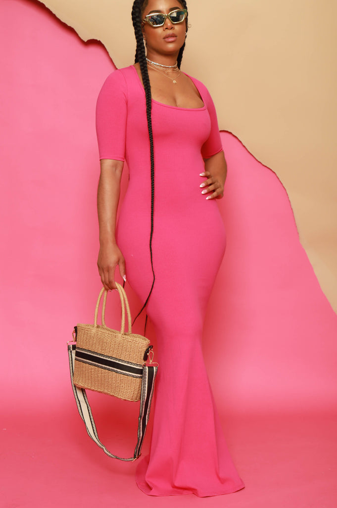 One and Only Mid Sleeve Snatched Maxi Dress - Hot Pink - grundigemergencyradio