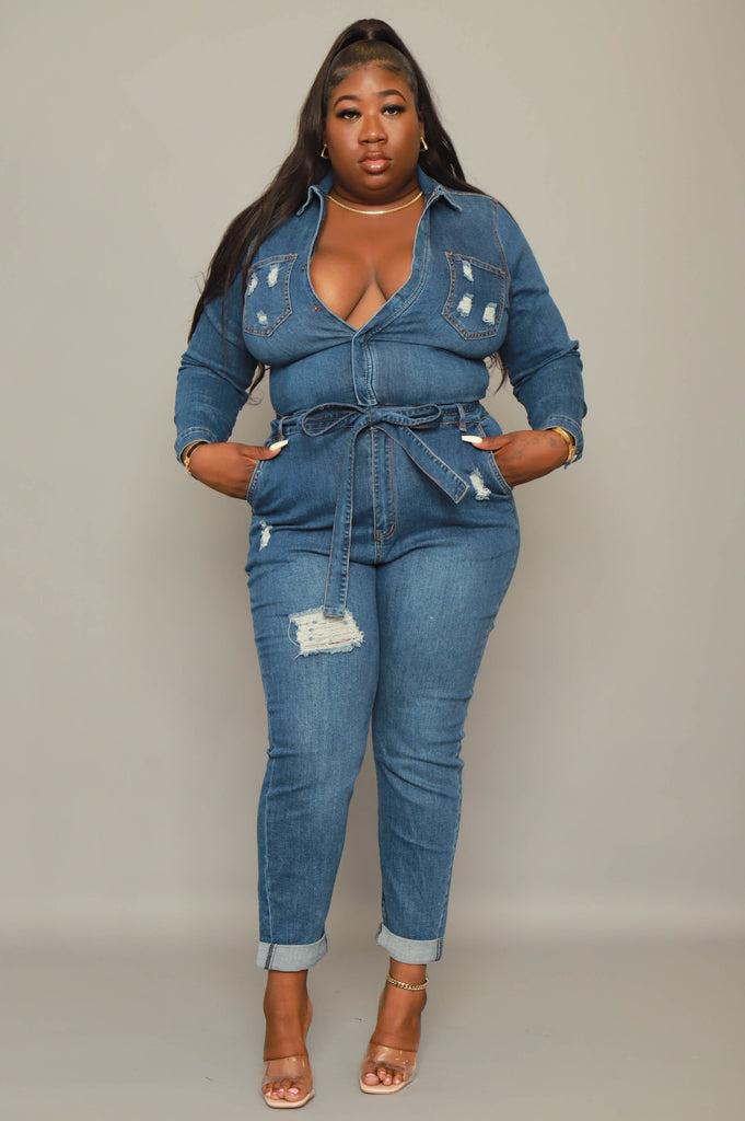 Over and Over Distressed Denim Jumpsuit - Medium Wash - grundigemergencyradio