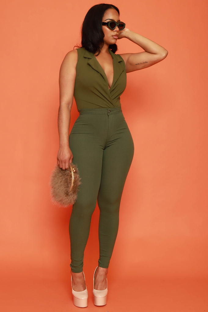 Here's To Us Tuxedo Bodysuit - Olive - grundigemergencyradio