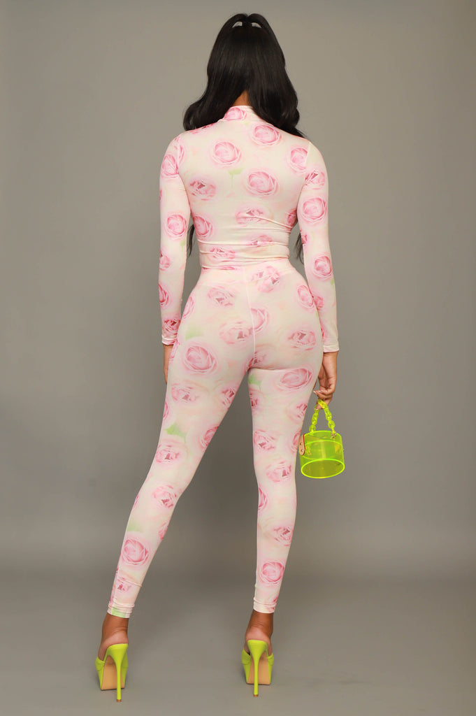 Rosebud Printed Bodysuit Pants Set - White/Pink - grundigemergencyradio