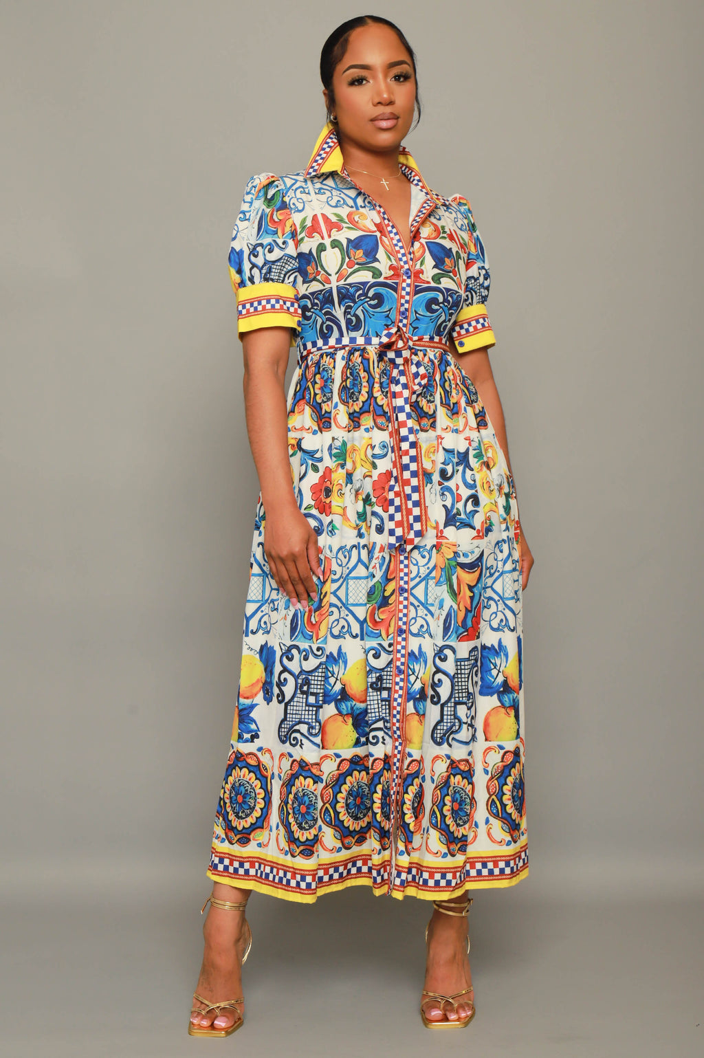 Here With You Belted Button Up Midi Dress - Multicolor - grundigemergencyradio