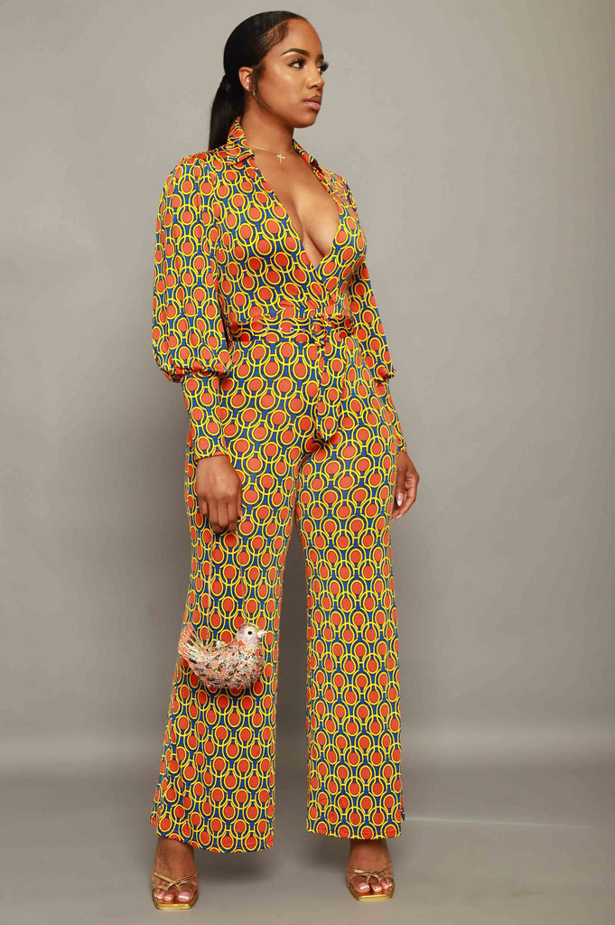 Skylit Long Sleeve Printed Jumpsuit - Orange/Royal - grundigemergencyradio