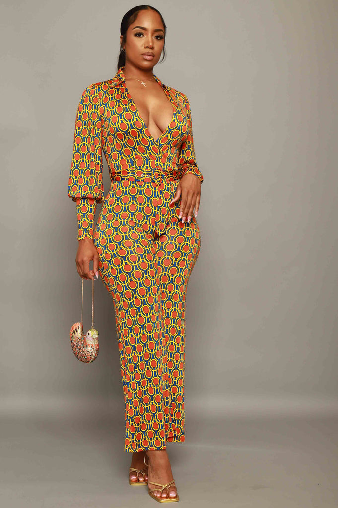 Skylit Long Sleeve Printed Jumpsuit - Orange/Royal - grundigemergencyradio