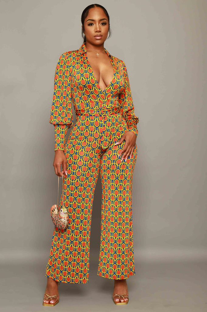 Skylit Long Sleeve Printed Jumpsuit - Orange/Royal - grundigemergencyradio