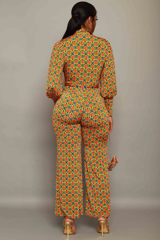 Skylit Long Sleeve Printed Jumpsuit - Orange/Royal - grundigemergencyradio