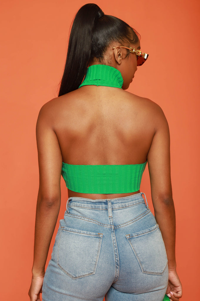 Woah Turtleneck Cut Out Halter Crop Top - Green - grundigemergencyradio