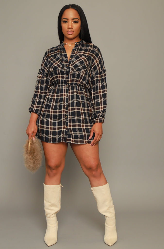 Long Time Plaid Button Up Mini Dress - Navy - grundigemergencyradio