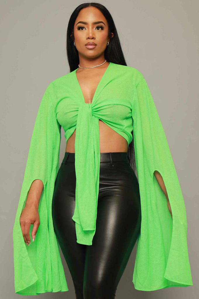 Feeling This Sheer Tie Up Crop Top - Apple Green - grundigemergencyradio