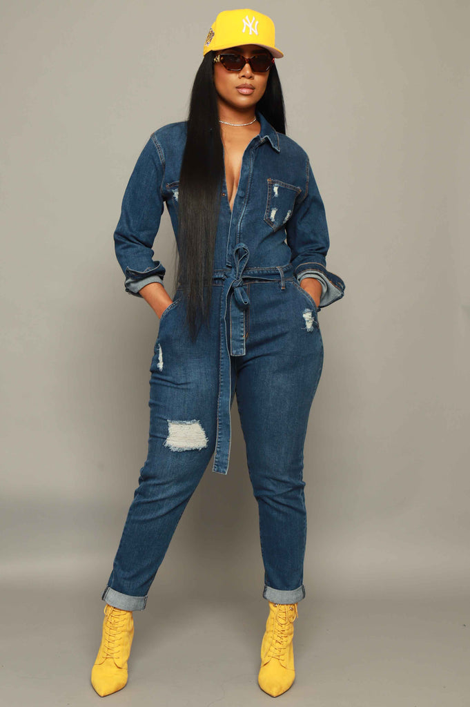 Over and Over Distressed Denim Jumpsuit - Medium Wash - grundigemergencyradio