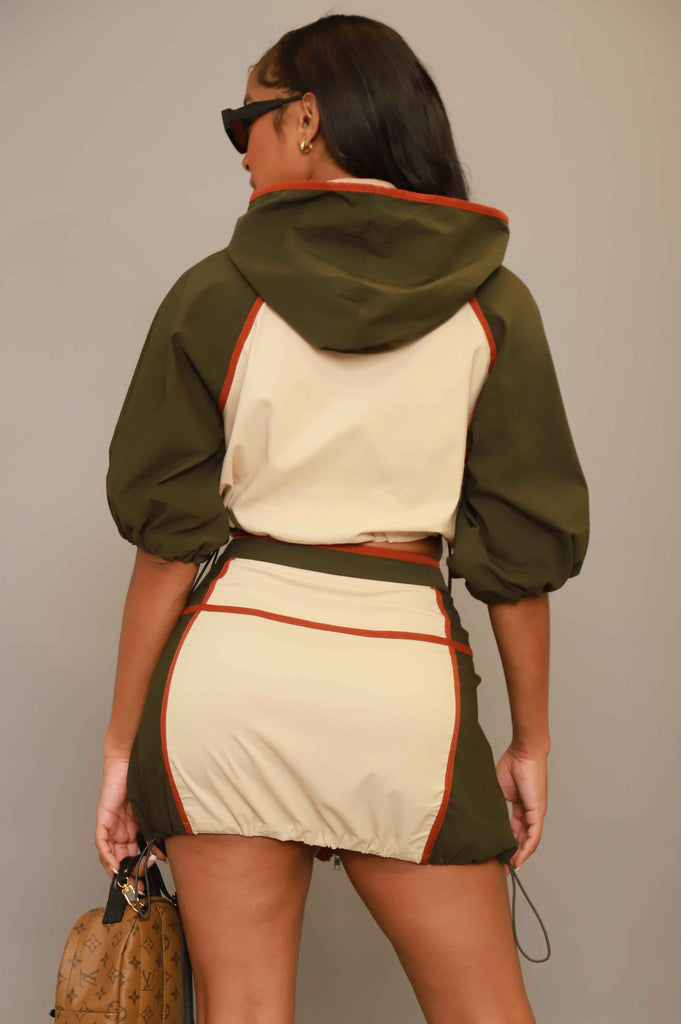 Go The Distance Cropped Sporty Windbreaker Skirt Set - Tan - grundigemergencyradio