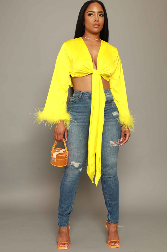 Winning Circle Feather Tie Up Crop Top - Yellow - grundigemergencyradio