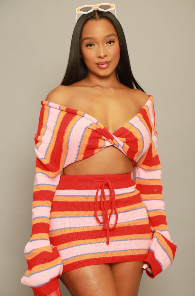 Better Or Worse Striped Knit Skirt Set - Red - grundigemergencyradio