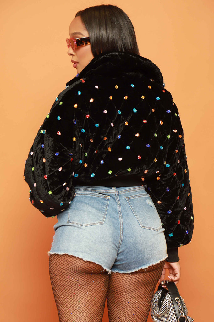 Hidden Jewel Rhinestone Velvet Bomber Jacket - Black - grundigemergencyradio