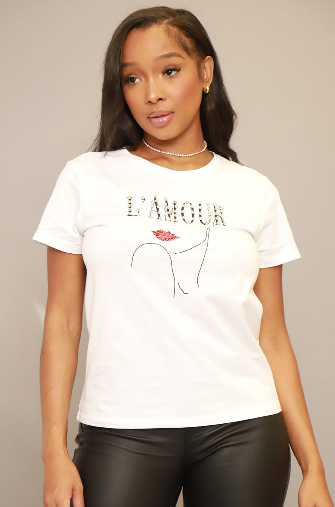 L'amour Rhinestone Embellished Graphic T-Shirt - White - grundigemergencyradio
