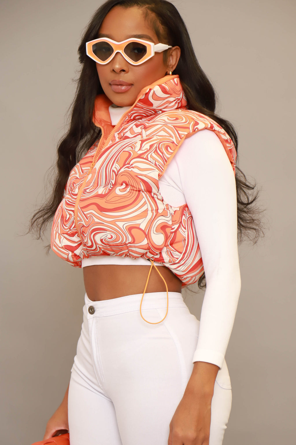 Whatever It Takes Printed Cropped Puffer Vest - Orange - grundigemergencyradio