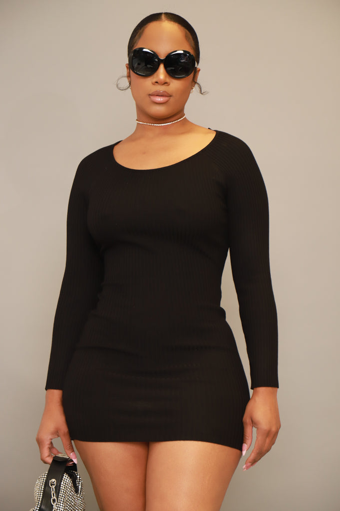 Get A Clue Ribbed Sweater Dress - Black - grundigemergencyradio