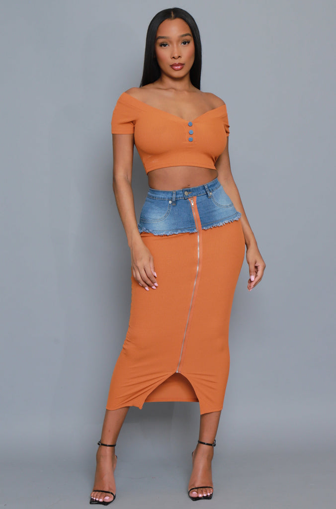 Test Me Ribbed Denim Skirt Set - Camel