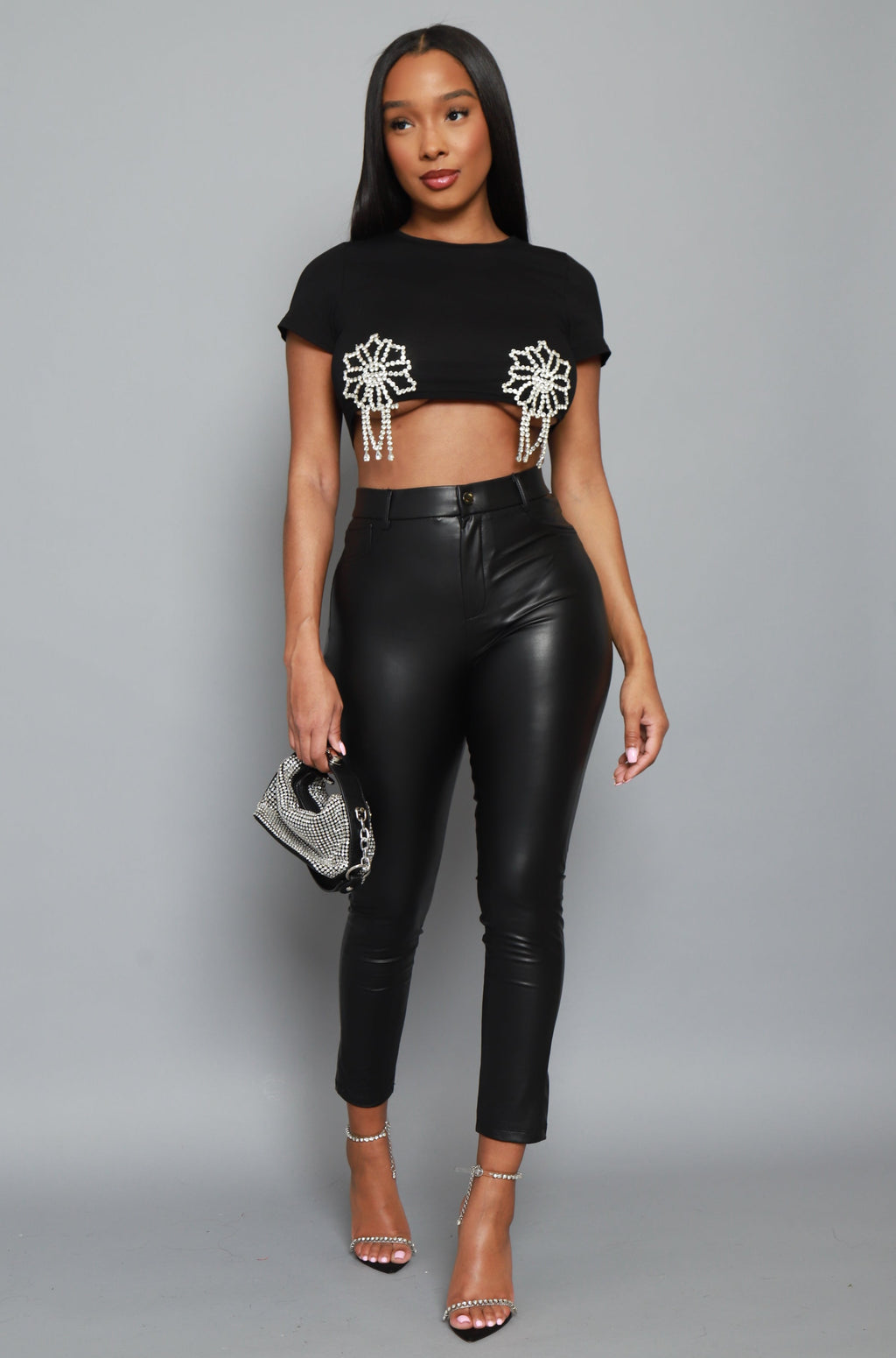 Go After Rhinestone Embellished Cropped T-Shirt - Black