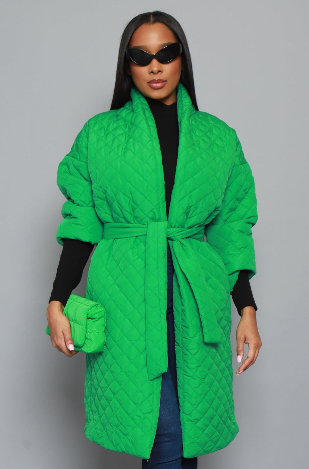 Doing Well Oversized Quilted Trenchcoat - Kelly Green