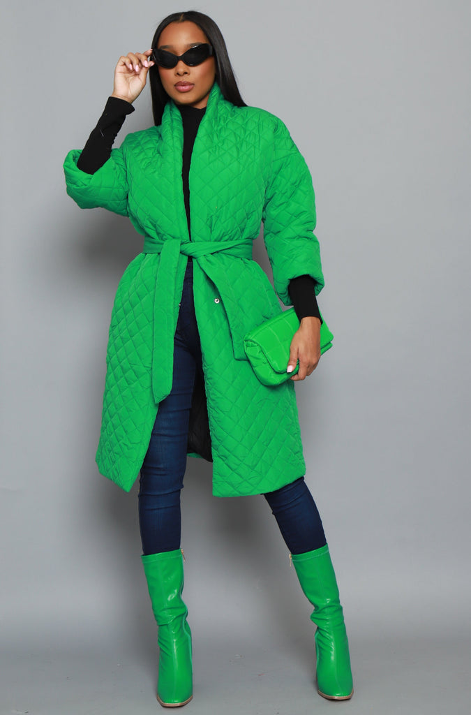 Doing Well Oversized Quilted Trenchcoat - Kelly Green