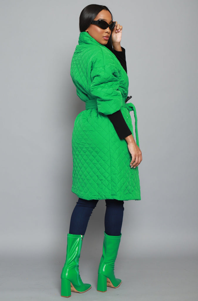 Doing Well Oversized Quilted Trenchcoat - Kelly Green