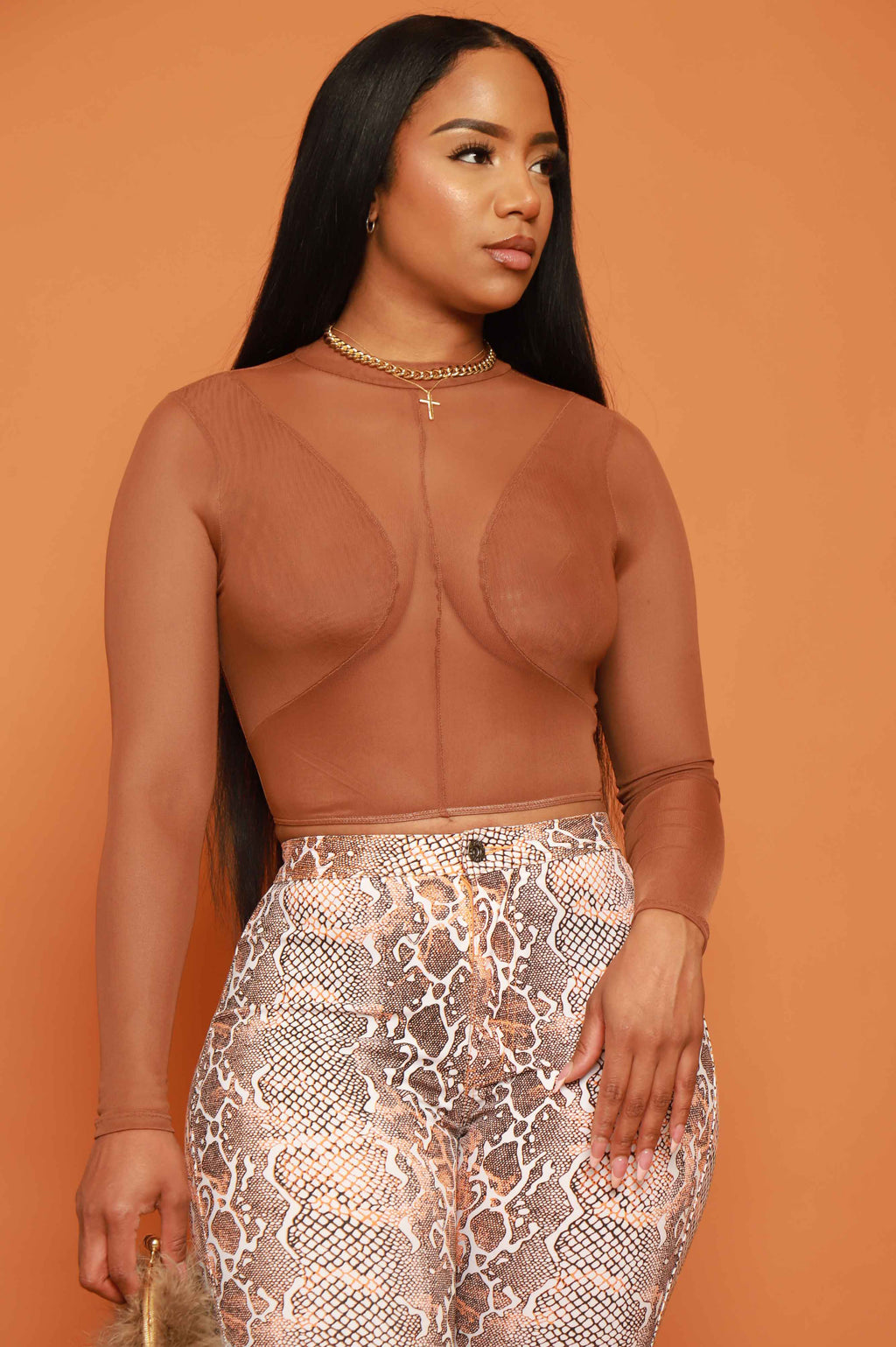 Found Out Mesh Long Sleeve Crop Top - Brown - grundigemergencyradio