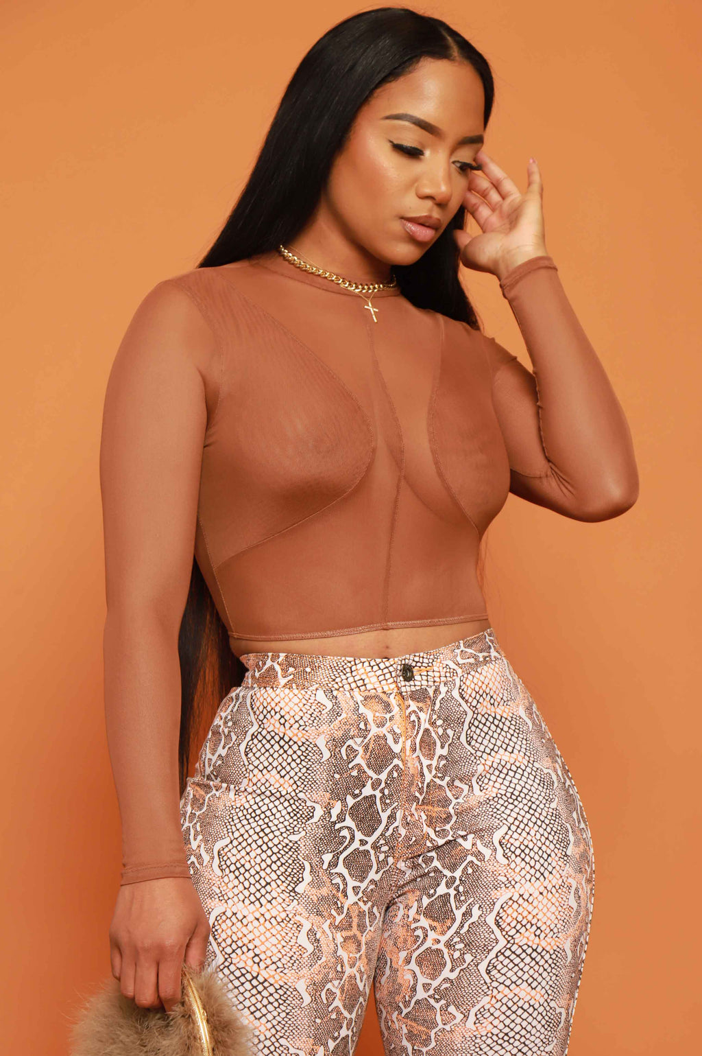 Found Out Mesh Long Sleeve Crop Top - Brown - grundigemergencyradio