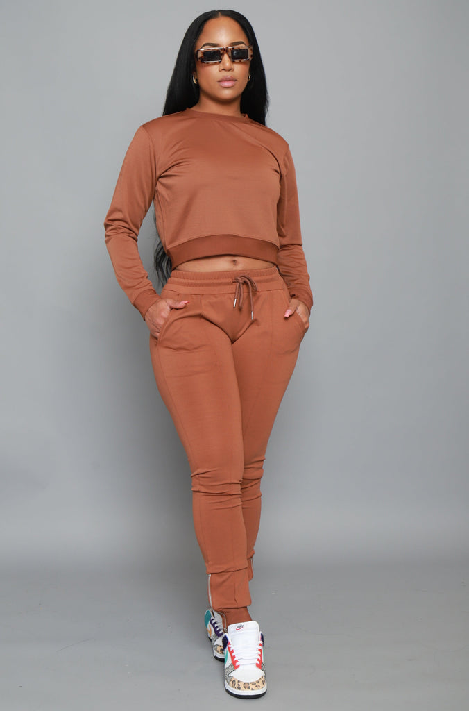 Say When Reverse Long Sleeve Pants Set - Brown