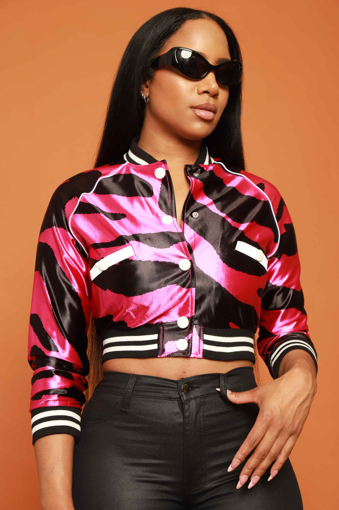 Shot Clock Animal Print Cropped Varsity Jacket - Pink - grundigemergencyradio