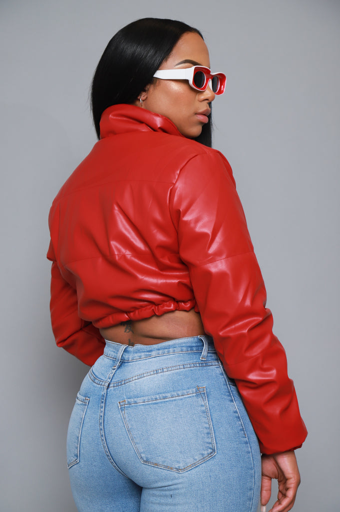 Gotta Roll Cropped Faux Leather Puffer Jacket - Red - Swank A Posh