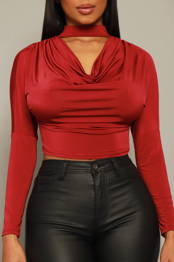 No Chaser Cropped Cowl Neck Top - Burgundy - grundigemergencyradio