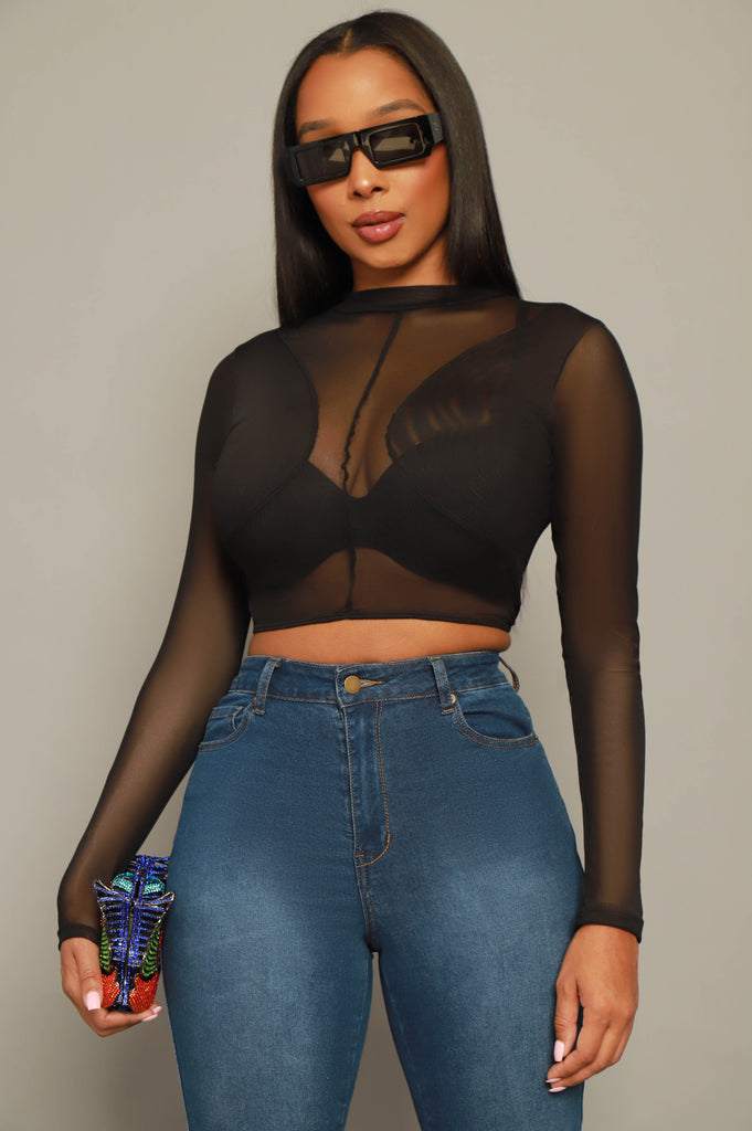 Found Out Mesh Long Sleeve Crop Top - Black - grundigemergencyradio