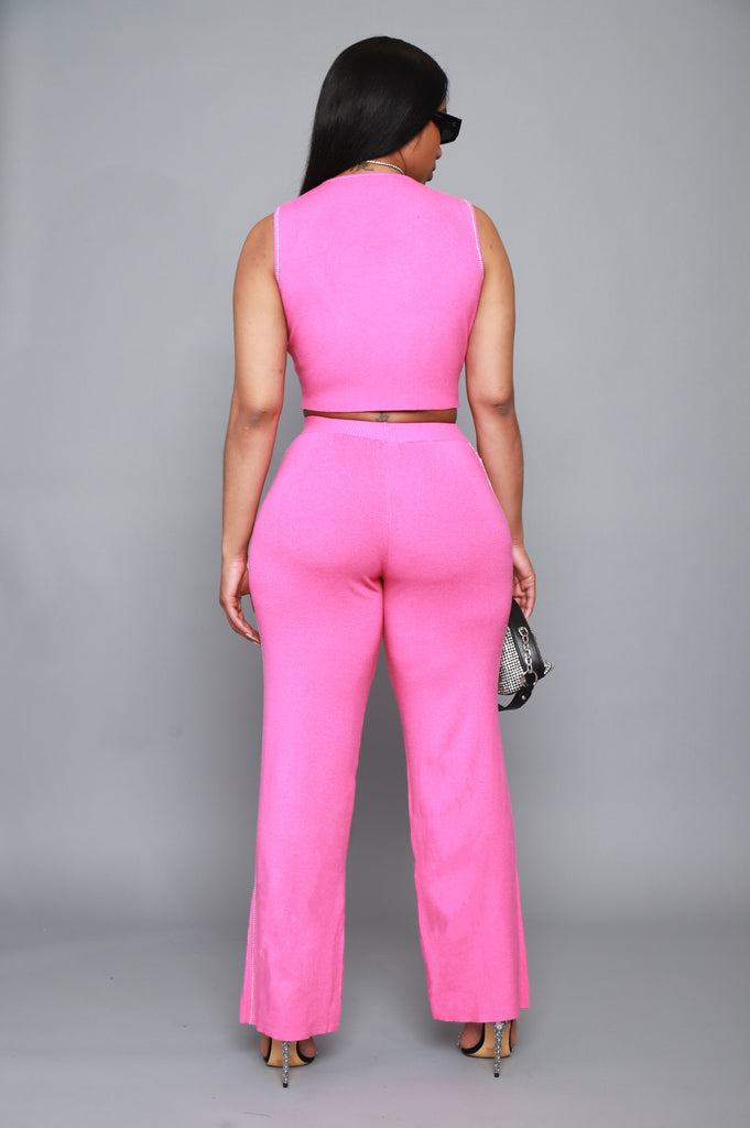 Playlist Rhinestone Lined Knit Pants Set - Hot Pink