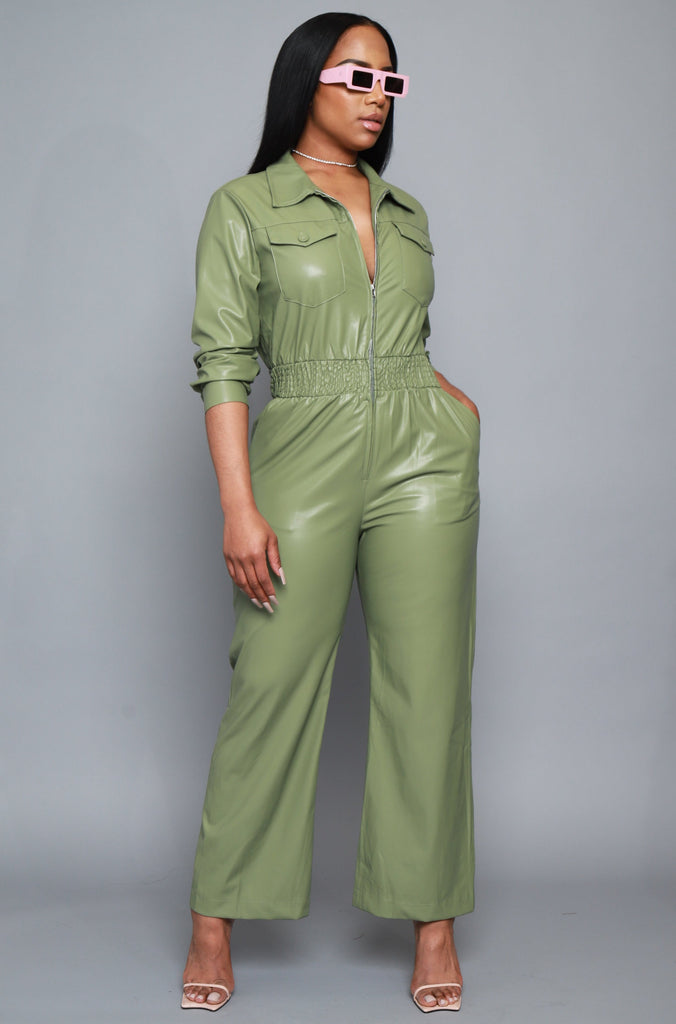 Back To Us Faux Leather Jumpsuit - Sage