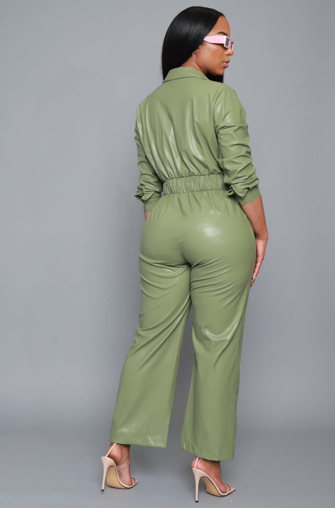 Back To Us Faux Leather Jumpsuit - Sage - grundigemergencyradio