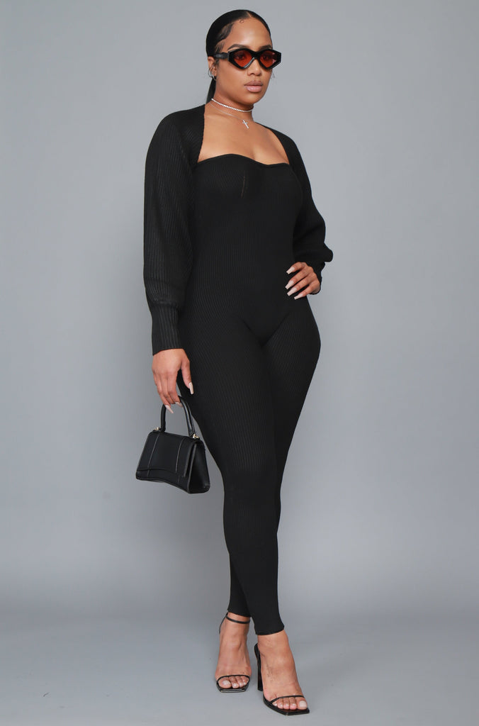 How This Goes Ribbed Jumpsuit Sweater Set -  Black