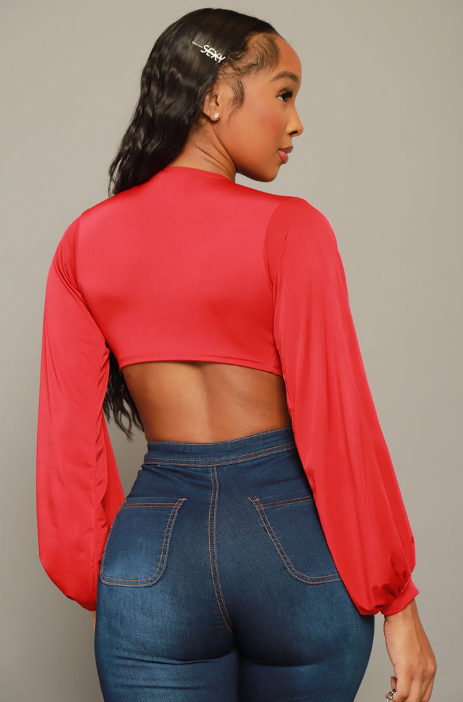 Please Hold Long Sleeve Tie Up Crop Top - Red - grundigemergencyradio