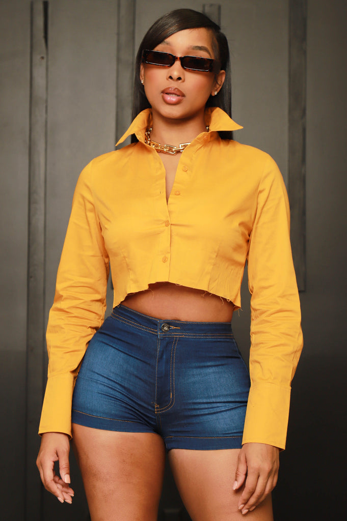 My World Cropped Button Up Top -  Mustard - Swank A Posh