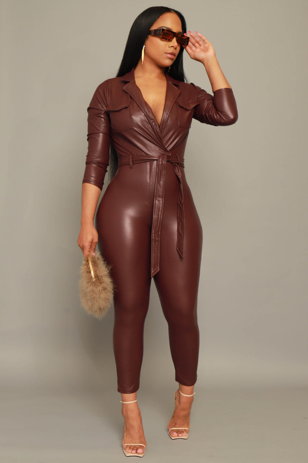 Dare You Faux Leather Belted Jumpsuit - Burgundy - grundigemergencyradio